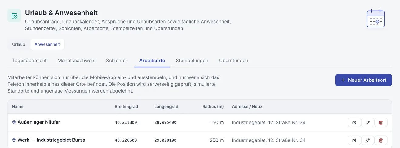 Personalmanagement: Zeiterfassung, per Standort geprüft
