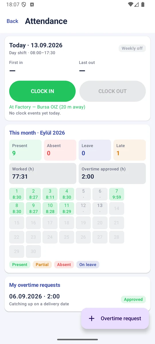 Location-verified check-in screen in Zenit Mobile