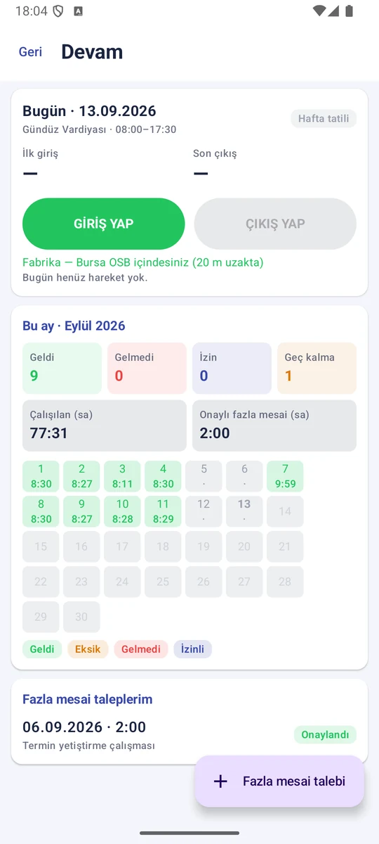 Zenit Mobil'de konumla doğrulanan giriş-çıkış ekranı