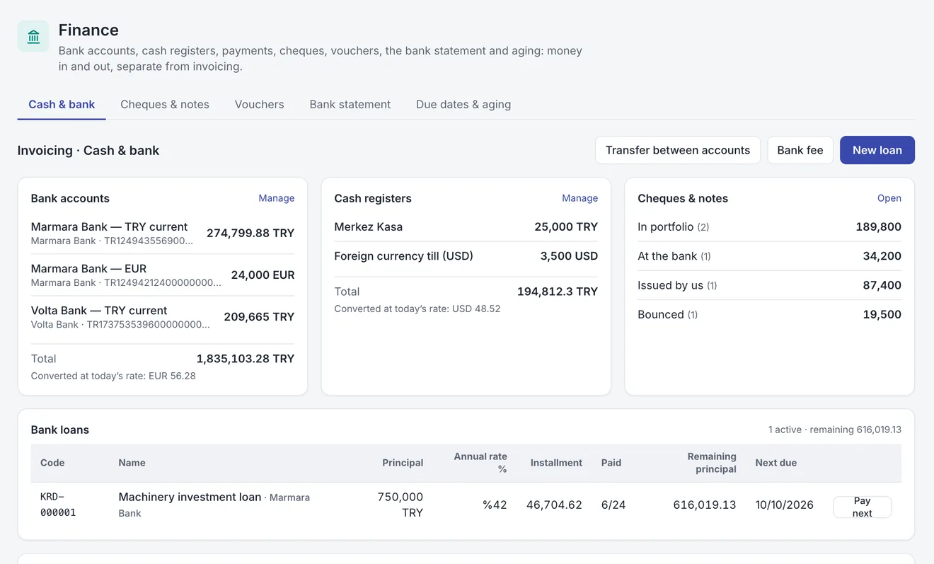 Invoicing: Cash, bank and cheques, always current